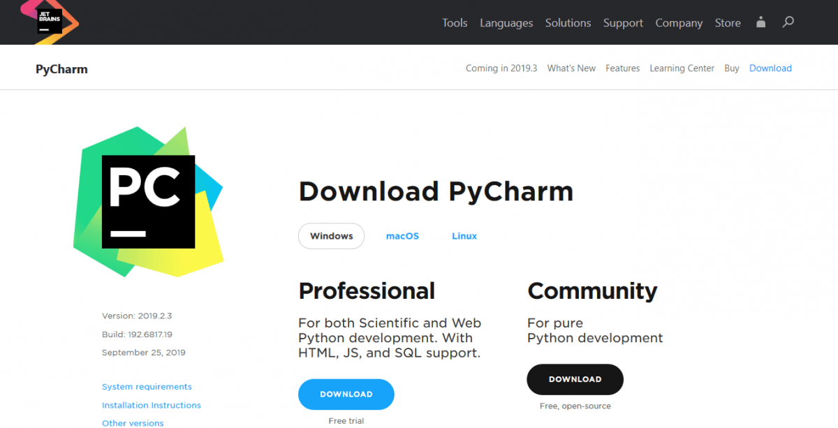 Страница загрузки PyCharm